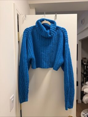LAPOINTE Cropped Turtleneck Cable Knit Sweater - Cobalt Blue